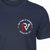 One Rep Above navy blue crew neck t-shirt featuring a 250 Years of Strength logo on the chest